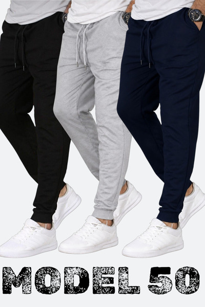 TORUK MAKTO Set of 3 Unisex Ribbed Sweatpants Regular Black Gray Navy Blue Co...