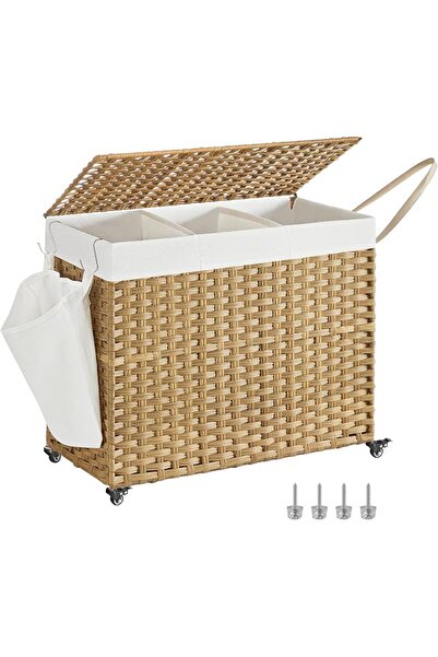 GENERAL Song 3 Compartment Synthetic Rattan Laundry Hamper with Lid and Wheel...