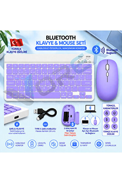 VOREX PL-388 Bluetooth Türkçe Q Mini Klavye Mouse Seti Şarjlı Klavye Pilli Mouse