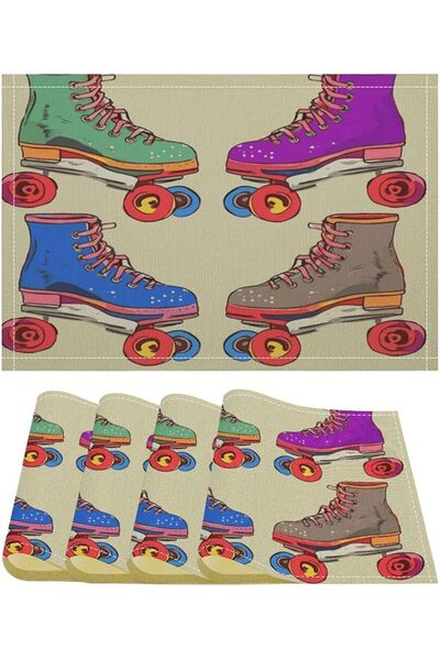 GENERAL Retro Colorful Roller Skates Linen Placemats Set of 4 Washable Placem...