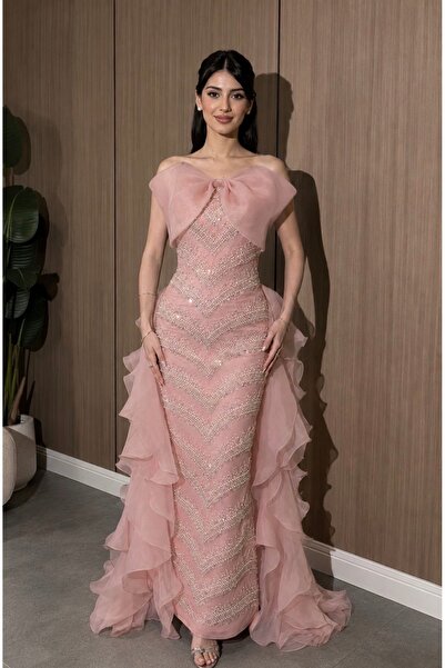 BAKLAFASHO Luxury Embroidery Sequins Ruffles Pink Evening Dress