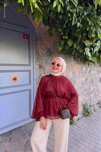 Trend Paris Puantiyeli Şifon Robalı Yarasa Kol Bluz Kırmızı