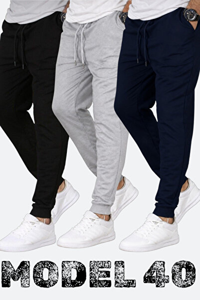 TORUK MAKTO Set of 3 Unisex Ribbed Sweatpants Regular Black Gray Navy Blue Co...