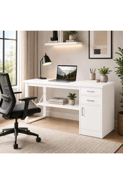 Bentifar Computer Desk with 2 Drawers and Cabinet, 100cm Study Desk with Stor...
