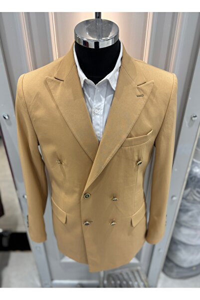 SABRİ ZENGİN Men's Slim Fit Gold Button Double Breasted Blazer Single Jacket