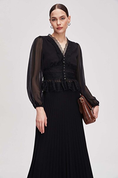 Livia Women's Cropped Plain Lace Sheer Long-Sleeve Blouse