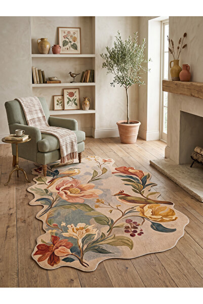 Rose'n Home Arte AST054 Asimetrik Kesimli Çiçek ve Kuş Figürlü Dekoratif Halı