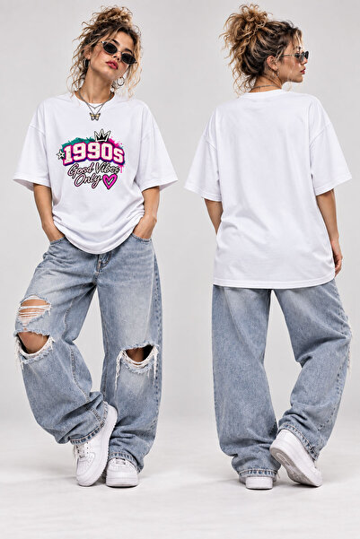 WİDİ 1990S Good Vibes Printed Oversize T-Shirt Unisex Retro Y2K Streetwear Lo...