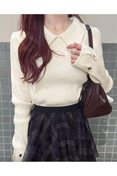 banessa French Style Furry Polo Collar Knitted Women's Sweater