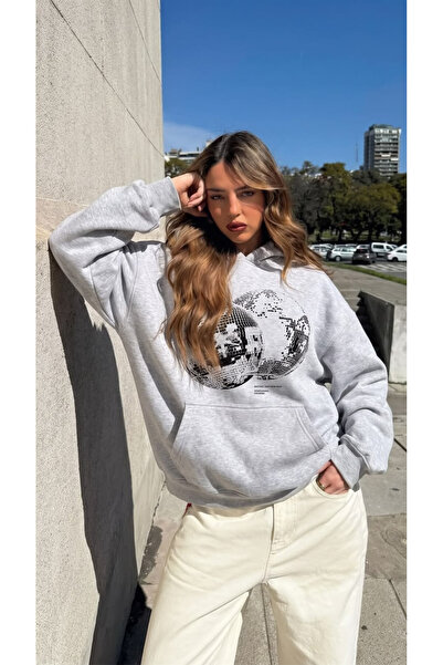 Kadın Disko Küresi Baskılı Hoodie – 3 İplik Oversize Kapüşonlu Sweatshirt