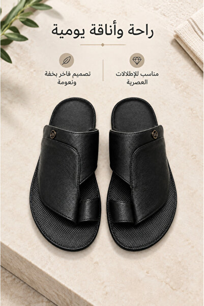 Generic Brand صندل رجالي من الجلد الأسود المنقوش مع حلقة للقدم، نعل ناعم مضاد...