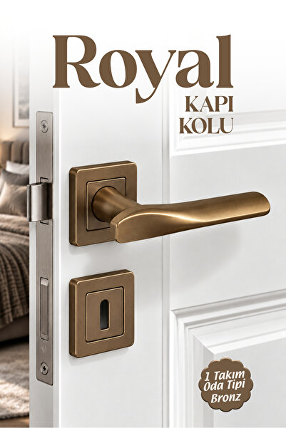Badem10 ALM Royal (1 Takım) Bronz Renk Kare Rozetli Oda Tipi Metal Kapı Kolu