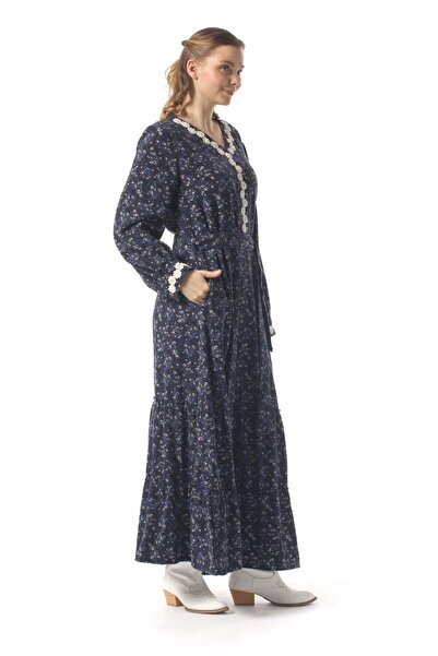 Eliş Şile Bezi Vera Buttoned Violet Patterned Flannel Double Pocket Belted Long Sleeve Winter Long Dress Navy Blue Lcvt