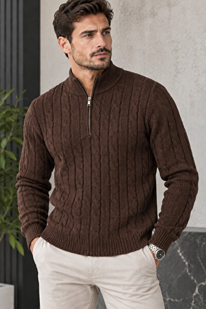 EMR Online Men's Knitwear Sweater Half Zipper Turtleneck Knitted Patterned Lo...