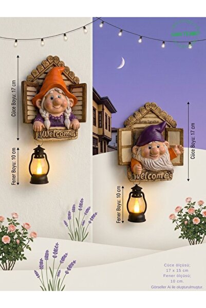 Gobo Dekoratif Fenerli Welcome Cüce Çifti 2li Set Dekoratif Kapı ve Duvar Süs...