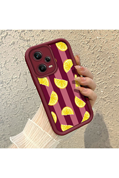 PATTERNOVA Redmi Note 12 Pro 5G Uyumlu Bordo Dikey Çizgili Limon Desenli Kılı...