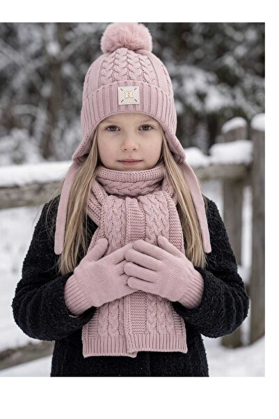 Aware Time Kitti 4-8 Years Old Girls' Lined Scarf, Beanie, Gloves 3-Piece Set