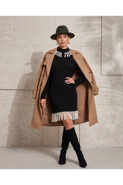 Trend Kapında Knitted Detailed Tasseled Knitwear Dress