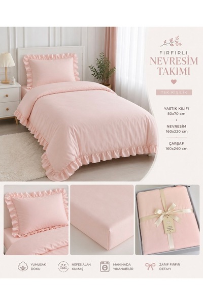 Keçeli parti hayalleri Single Bed Sheet Set, 100% Cotton, Salmon Color, Ruffl...