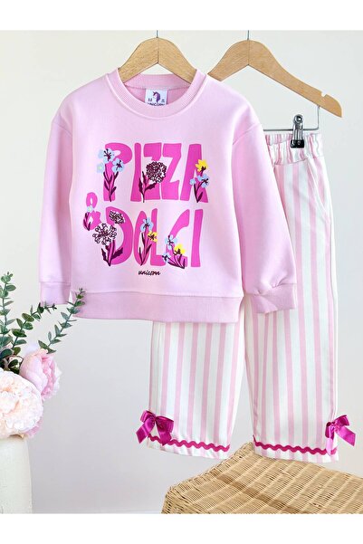 Alvadonna New Season Printed Sweatshirt, Denim Striped Bow Detail Pants, Girls' Top and Bottom Set