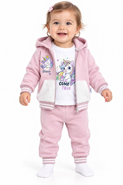 Chicsy Baby Tatlı Unicorn Baskılı Kız Bebek 3’lü Eşofman Takımı Premium 3 İpl...