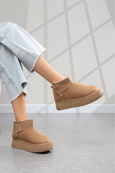 rozvoj Women's Suede Fur Lined Flat Sole Mini Boots