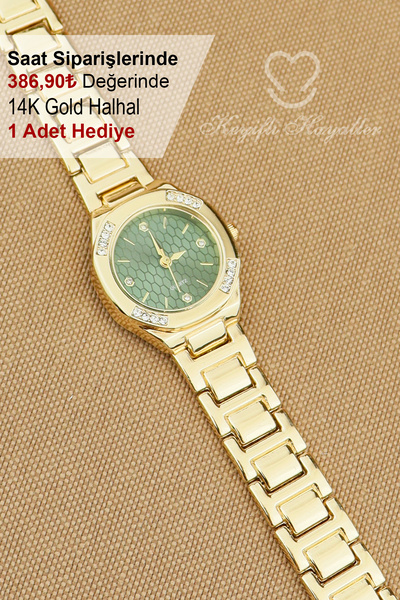 Keyifli Hayaller Gold Yeşil Kadran Klasik Model Kadın Kol Saati - 14K Gold Halhal Hediyeli