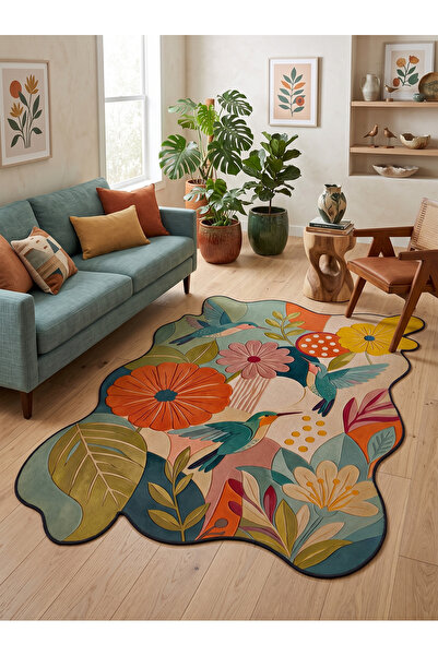Rose'n Home Arte AST073 Asimetrik Kesimli Çiçek ve Kuş Figürlü Dekoratif Halı