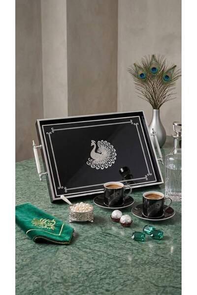 Chıcs Siyah Gümüş çerçeveli içi cam lüks sunum tepsisi 46x28 cm