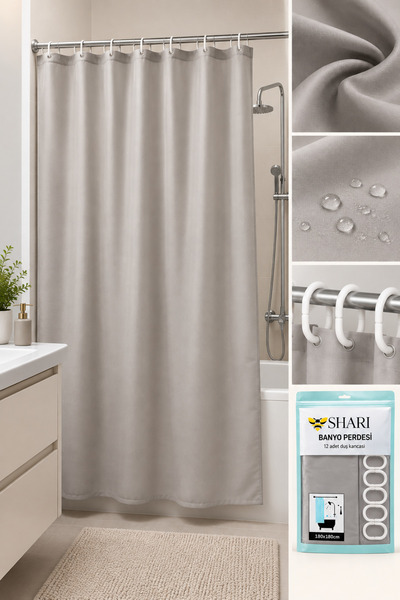 SHARI 180x180 cm Su Geçirmez Banyo Perdesi – 12 Adet Duş Perdesi Halkalı, Kay...