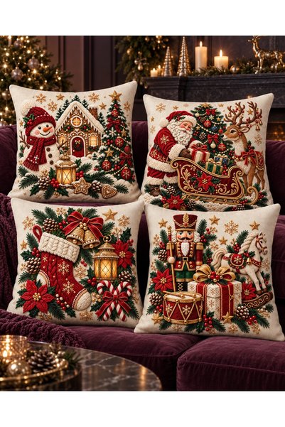 menesahome New Year's Santa Claus and Snowman Embroidery Effect Digital Printed Set of 4 Gift Throw Pillow Covers