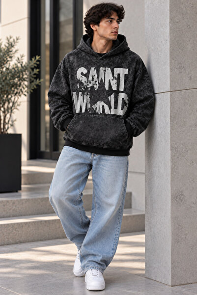 PENTHİLUS Erkek Oversize Yıkamalı Görünümlü Yazı Baskılı Kapüşonlu Sweatshirt...