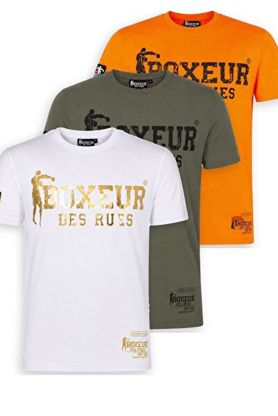 Boxeur Des Rues Tricouri bărbătești, pachet de 3, croială slim: Alb/Auriu + Verde măsliniu/Negru + Portocaliu/Negru
