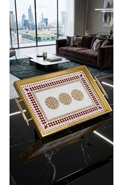 Chıcs mat altın çerçeveli içi cam lüks sunum tepsisi 46x28 cm