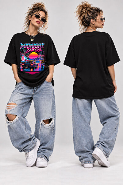 WİDİ Midnight Drive Araba Baskılı Oversize T-Shirt Unisex 80s Retro Synthwave...