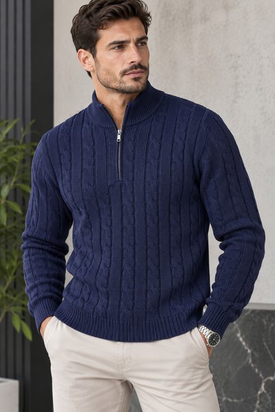 H&E LUXURY DESIGN Men's Knitwear Sweater Half Zipper Turtleneck Hair Knit Pat...