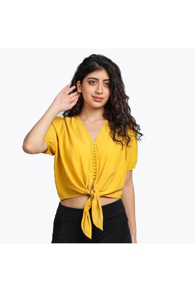 mica Cropped Blouse with Half Sleeves, Button Front