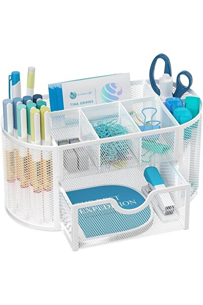 GENERAL Mesh Desk Organizer with Drawer, 9-Compartment Pen Holder for Desk, W...