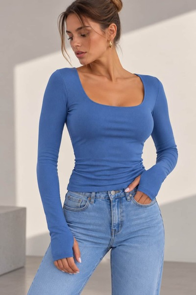 bb butik basic Γυναικείο κορμάκι με τετράγωνο λαιμό και απαλή υφή - Μπλε MDK37