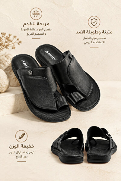 Generic Brand صندل رجالي من الجلد الأسود المنقوش مع حلقة للقدم، نعل ناعم مضاد...