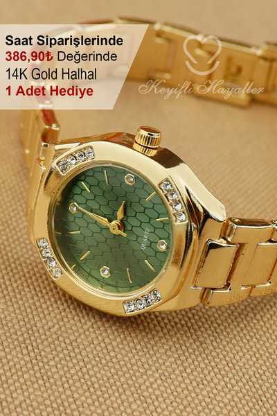 Keyifli Hayaller Gold Yeşil Kadran Klasik Model Kadın Kol Saati - 14K Gold Halhal Hediyeli