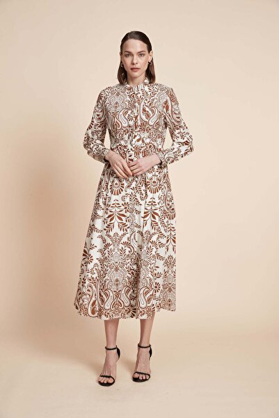 Yola Midi Patterned Satin Dress with Long Sleeves
