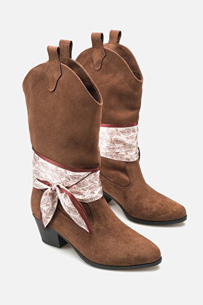 Liza Shoes Women's Brown Suede Scarf Cowboy Short Heel Boots A030-K899