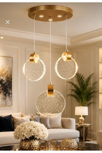 Nevada Aydınlatma Satürn Cam 3 lü Eskitme Gold Led Modern Avize Kumandalı