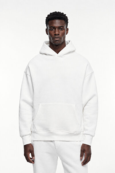 Erkek Beyaz Kapüşonlu Sweatshirt