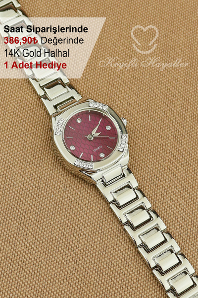 Keyifli Hayaller Silver Bordo Kadran Klasik Model Kadın Kol Saati - 14K Gold Halhal Hediyeli