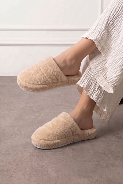 FUGA MODA Plampi Beige Stripe Detailed Plush Women's Winter House Slippers