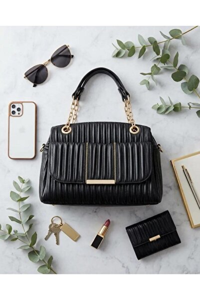 Generic Brand Black Shiny Soft Textured Women's Bag with Gold Accessories and Crossbody Strap