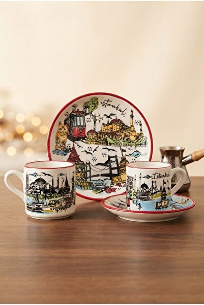 Generic Brand Istanbul Themed Ceramic Turkish Coffee Cup Set for 2 People