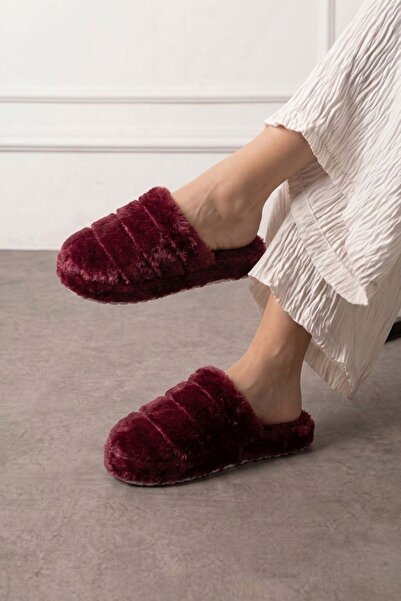 FUGA MODA Plampi Burgundy Line Detailed Plush Women's Winter House Slippers